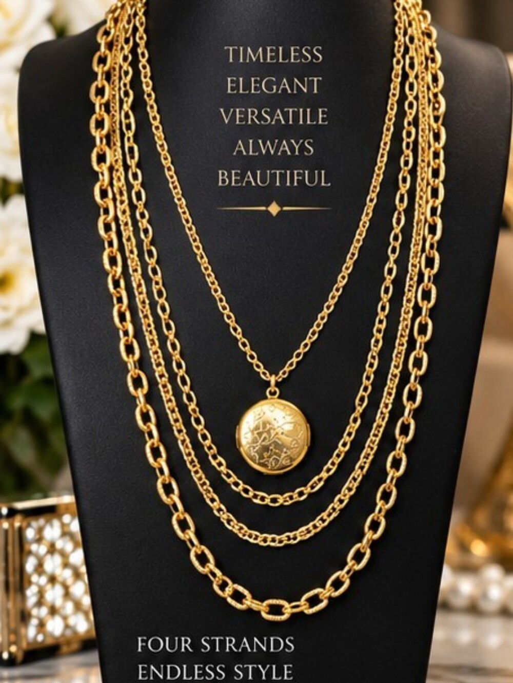 NWT 4 Strand Gold Tone Layered Chain Necklace Photo Locket 20-28"